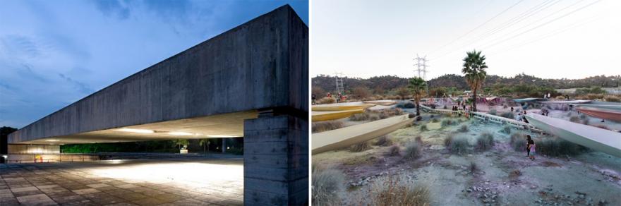 Left: Paulo Mendes da Rocha_MuBE_Sao Paulo_Photo by Nelson Kon. Right: Roundhouse Shines_Olga Koumoundouros 2014_Photo by Gina Clyne_Clockshop.org_Bowtie Project