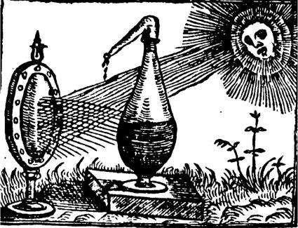 Image of distillation by lens, from Conrad Gesner, Thesaurus…de remediis secretis, Zurich, 1555, via: From natural history to science: The emergence of experimental philosophy, University of Bucharest.